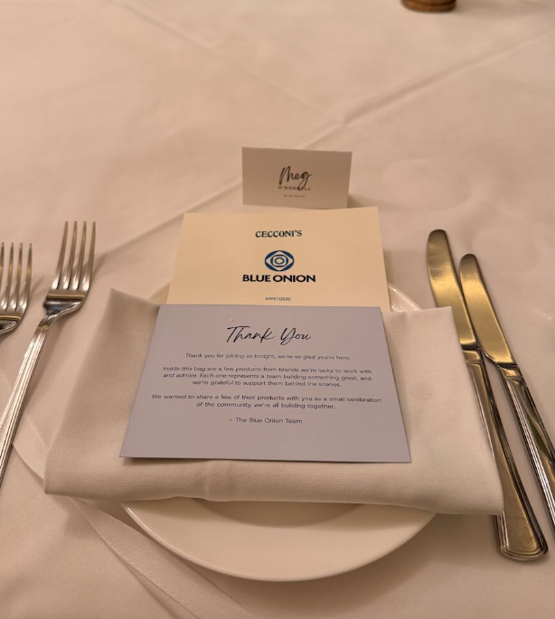 Cecconi's × Blue Onion place setting with Thank You note